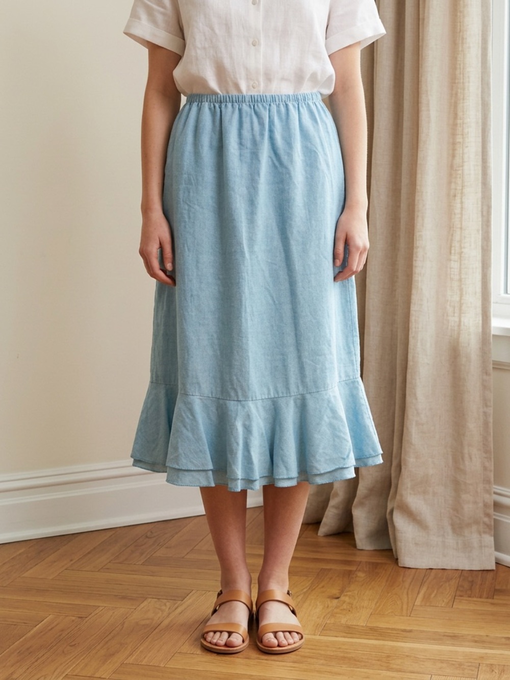 Fresh Produce | Linen Elastic Waist Ruffle Hem Light Blue Skirt | Size Large